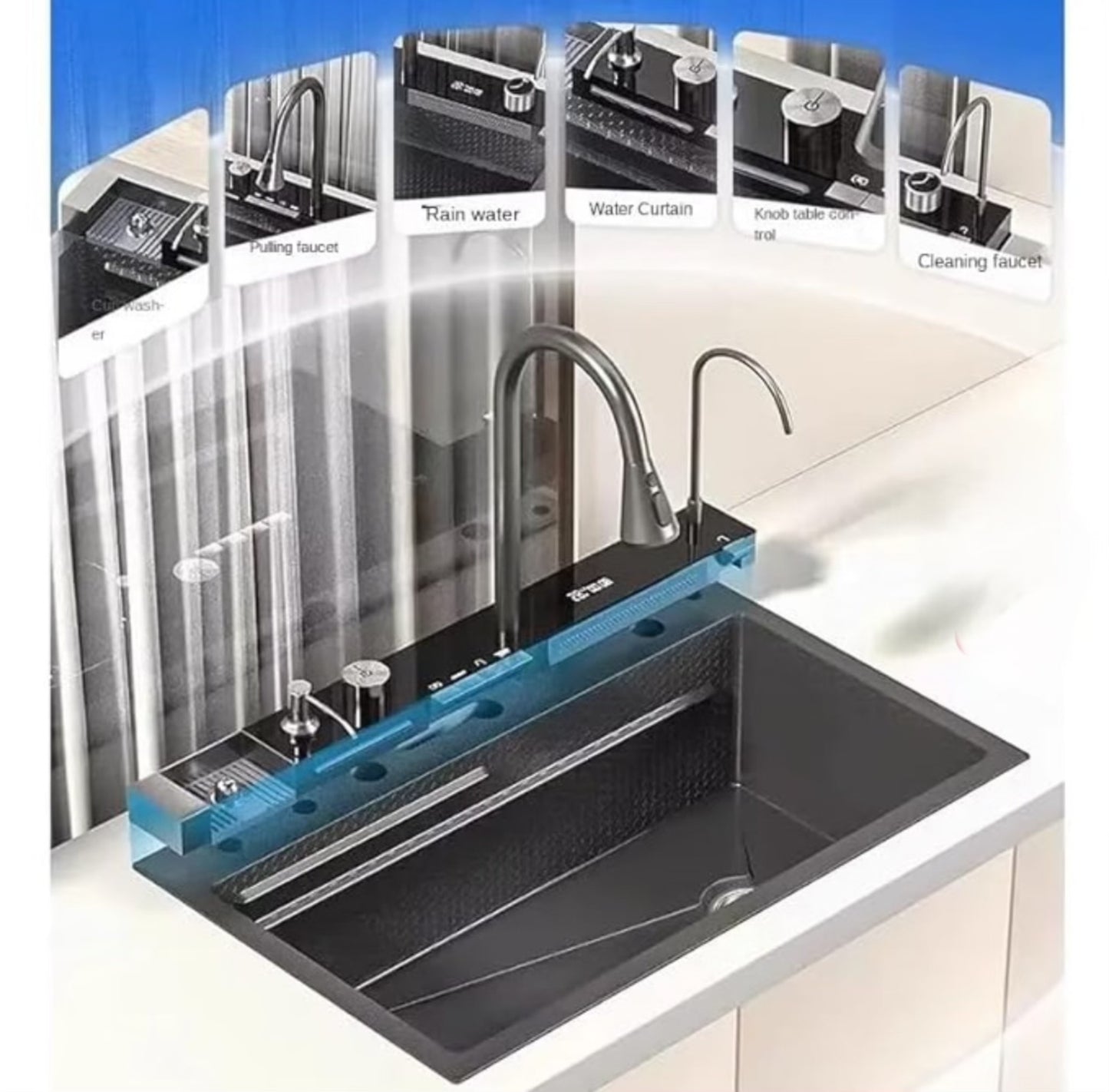 Verona Kitchen Sink With Integrated Waterfall And Pull Down Faucets