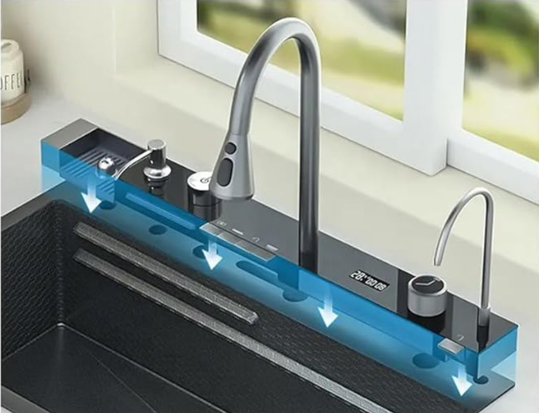Verona Kitchen Sink With Integrated Waterfall And Pull Down Faucets