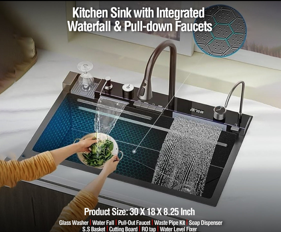 Verona Kitchen Sink With Integrated Waterfall And Pull Down Faucets